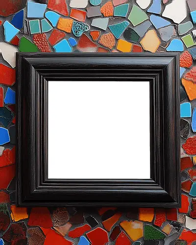 Artistic Photo Frame Mockup On Colorful Mosaic Wall Black Frame With Bold Vibrant Pieces Great For Eclectic Art Or Poster Designs