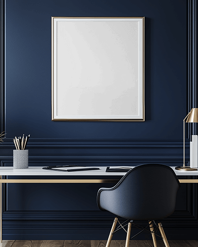 Luxury Office Photo Frame Mockup On Navy Wall With Golden Accents Minimal Desk Setup For Elegant Art Presentation