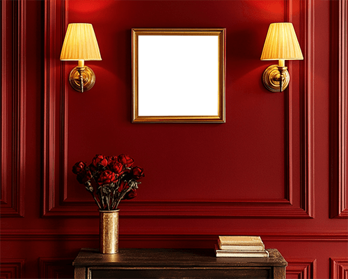 Luxurious Vintage Frame Mockup Deep Red Panelled Wall With Warm Sconce Lighting Elegant And Romantic Ambience 0156