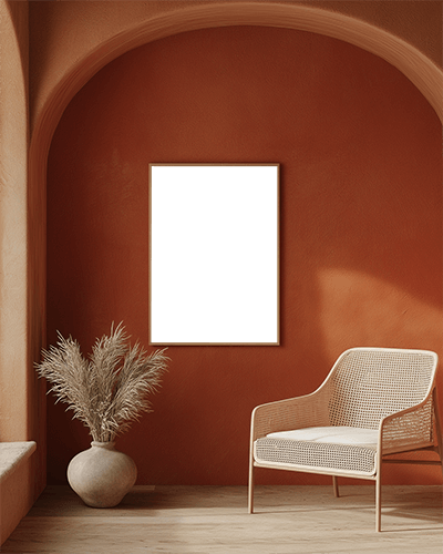 Mediterranean Archway Frame Mockup Earthy Tones With Warm Lighting Rattan Chair And Dried Plants Serene And Inviting Ambience 0157