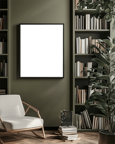 Elegant Home Library Frame Mockup Dark Green Shelves Filled With Books Modern Armchair And Indoor Plants Cozy And Intellectual Ambience 0158
