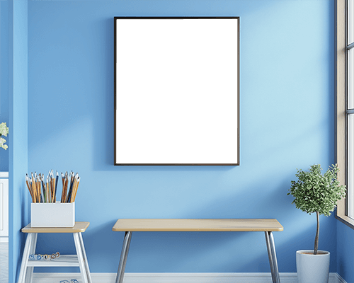 Modern Minimalist Frame Mockup Light Blue Wall Artistic Workspace With Wooden Desk Potted Plant And Pencil Holder Bright And Creative Ambience 0159