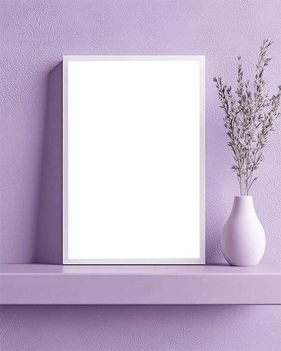 Pastel Aesthetic Frame Mockup Light Purple Wall Minimal Shelf Decor Soft Lighting With Elegant Ceramic Vase And Dried Flowers 0160