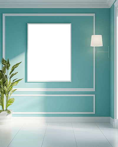 Elegant Interior Frame Mockup Teal Wall With White Trim Soft Sunlight And Modern Wall Lamp 0162