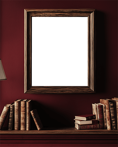 Classic Library Frame Mockup Rustic Wood Frame On Deep Red Wall With Antique Books And Soft Warm Lighting 0164