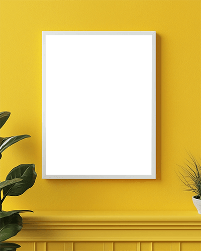 Vibrant Modern Frame Mockup White Frame On Bold Yellow Wall With Green Plants And Minimalist Decor 0165