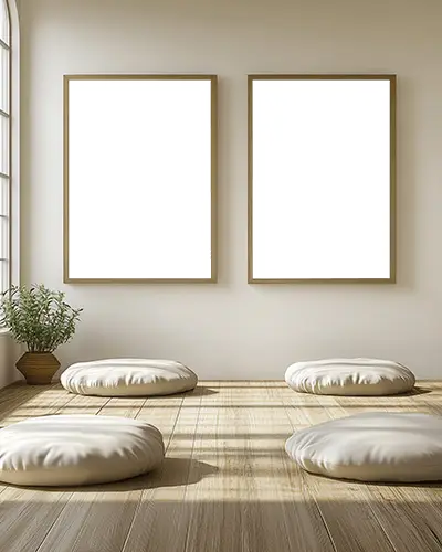 Natural Light Photo Frame Mockup In Earthy Styled Room With Low Pillow Seating For Calm Design Showcases And Mindful Branding