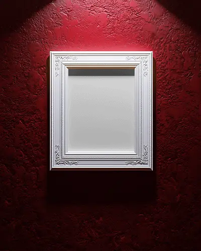 Regal Vintage White Frame Mockup Deep Red Wall Background With Studio Lighting Ideal For High End Brand Presentation Or Art