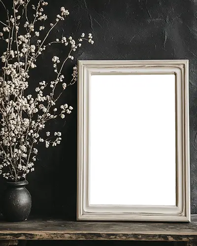 Rustic White Frame Mockup On Dark Wall Vintage Wood Surface With Dried Flowers Perfect For Cottagecore Posters Or Artwork Showcase