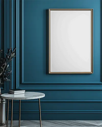 Modern Interior Frame Mockup Colorful Botanical Art Poster On Teal Wall Gold Trim Frame Minimalist Marble Table Books And Potted Plant 0200