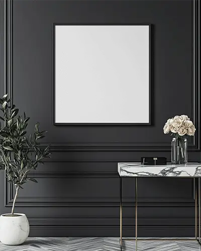 Dark Modern Interior Photoframe Mockup Glamorous Wall Art With Neon Light Portrait And Chic Decor Elements Luxury And Edgy Vibe 0202