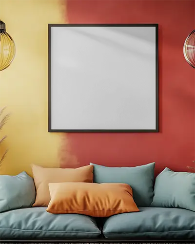 Colorful Living Room Photo Frame Mockup Bold African Inspired Portrait In Black Frame Against Dual Tone Wall Modern Vibrant Interior 0204