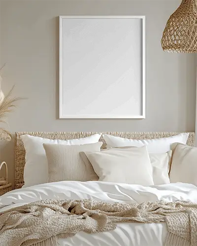 Stylish Wall Art Photoframe Mockup In Woven Headboard Bedroom With Cream Bedding And Hanging Rattan Lamp 0206