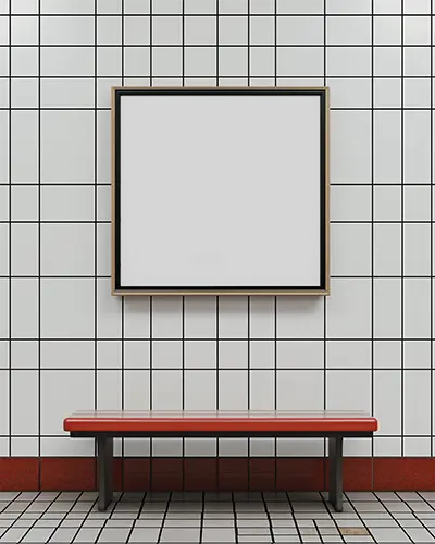 Framed Fashion Poster Mockup Mounted On Subway Style Wall With Gridded Background 0208