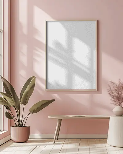 Cozy Sunlit Wall Frame Mockup In Pastel Decor Room With Potted Plant Shadow Play And Minimalist Vibes Perfect For Digital Download Listings And Brand Templates