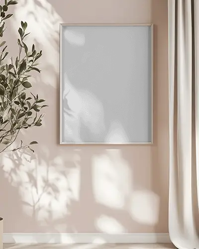 Minimalist Art Frame Mockup With Shadow Cast Leaves And Sheer Curtains For Elegant Design Showcase Peaceful Interiors And Soft Color Palettes