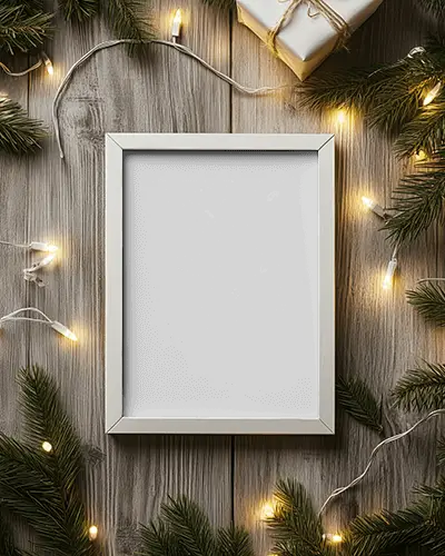 Festive White Frame Mockup With Christmas Tree Branches Glowing String Lights And Wrapped Gift Box On Rustic Wood Surface For Winter Art And Quote Previews