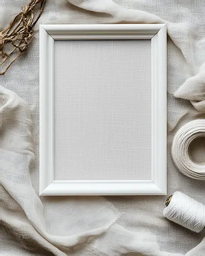 Artisan Studio Frame Mockup With White Frame On Soft Draped Fabric Texture And Thread Tools Perfect For Handcrafted Printables And Minimalist Decor
