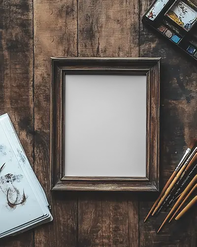 Antique Style Frame Mockup On Weathered Wood Background With Paintbrushes And Sketchpad Aesthetic