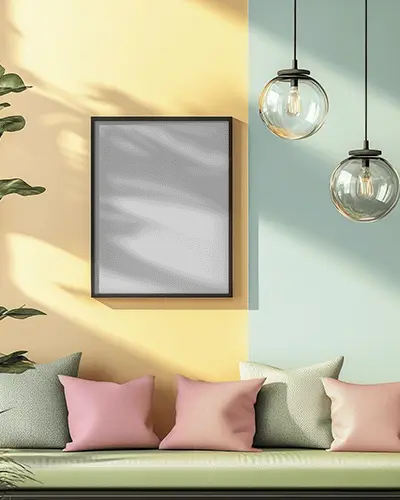 Sunlit Interior Frame Mockup Minimal Poster On Color Block Wall With Modern Pendant Lights And Soft Cushions