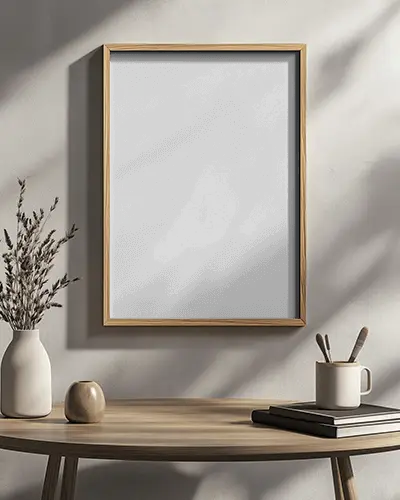 Warm Light Minimalist Frame Mockup On Neutral Wall With Wooden Table Decorative Vase And Artistic Shadow Play For Modern Interior Designs