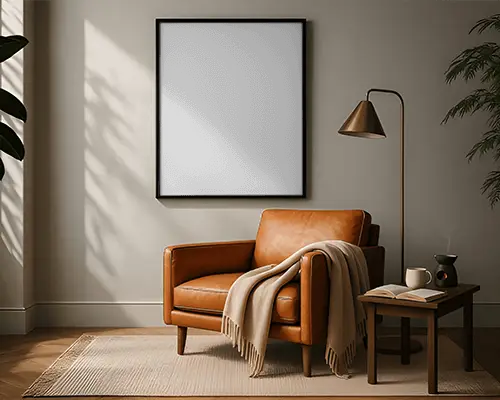 cozy-living-room-interior-with-modern-leather-armchair-floor-lamp-and-wall-frame-mockup