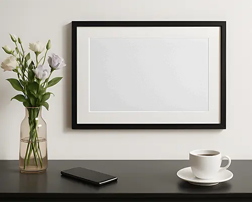 Modern Horizontal Wall Frame Mockup On Minimalist Desktop With Vase Flowers And Coffee Cup