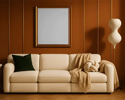 Elegant Living Room Wall Frame Mockup Above Modern Sofa With Decorative Pillows