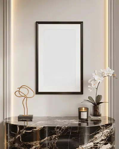 Modern Minimalist Wall Frame Mockup With Decorative Elements And Marble Console For Artwork