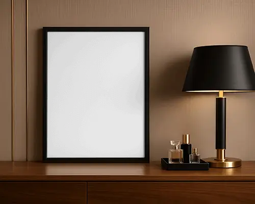 Modern Minimalist Frame Sticker Mockup With Table Lamp And Perfume Bottles On Wooden Shelf