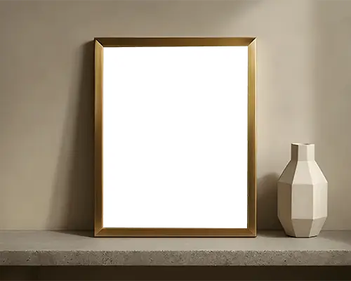 Sleek Frame Sticker Mockup On Concrete Shelf With Decorative Pottery For Art Showcase Presentation