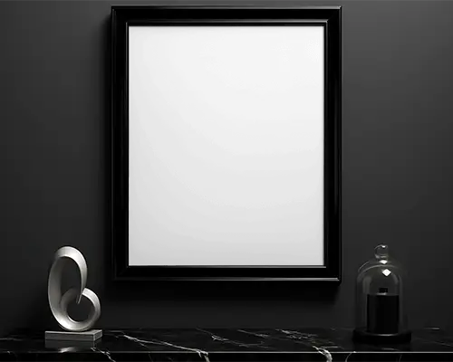 Black Frame Mockup For Modern Wall Decor With Abstract Sculpture And Glass Dome Setup