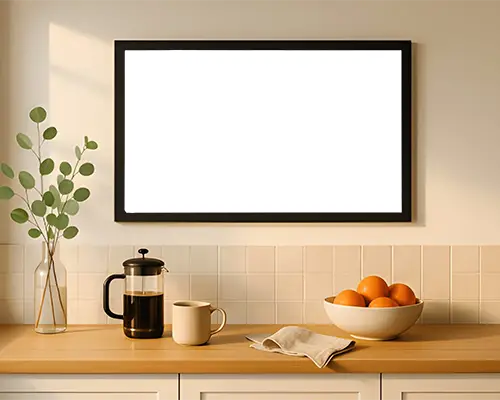 Modern Kitchen Wall Frame Mockup With Coffee Set And Fruit Bowl For Home Decor
