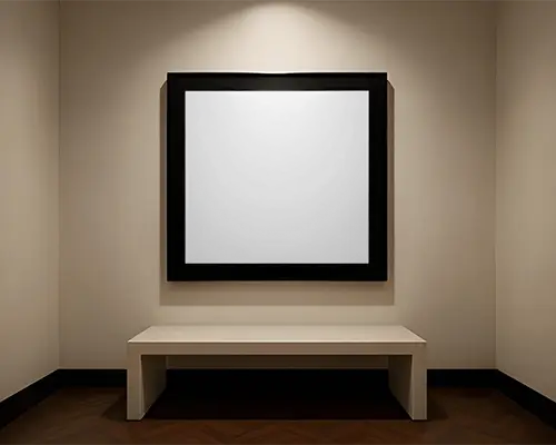 Square Frame Mockup Displayed In Clean Room Setting With Bench And Subtle Shadow Details