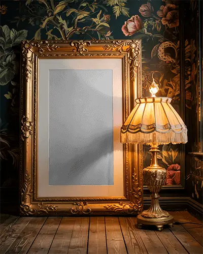 ornate-antique-style-photo-frame-mockup-standing-on-wooden-floor-with-lamp-glow-ambient-lighting