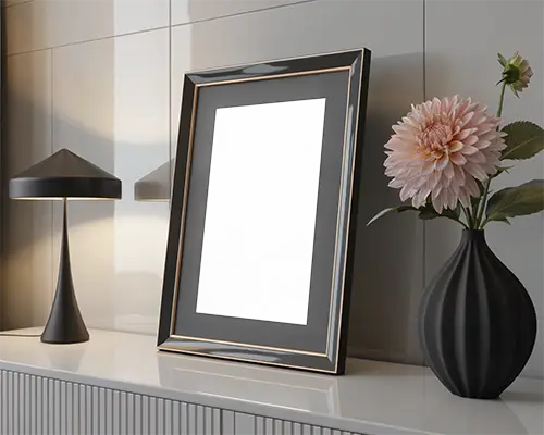 Modern Minimalist Frame Mockup For Decorative Poster Display With Flower Vase And Table Lamp 0295