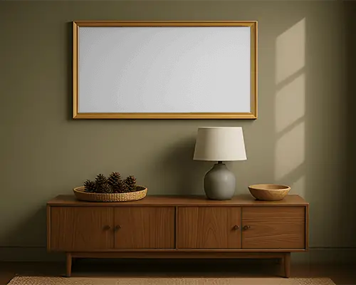 minimalistic-wall-mounted-picture-frame-above-wooden-sideboard-with-modern-lamp-bowl