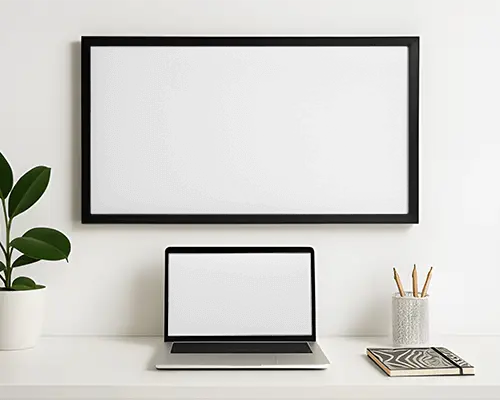 modern-minimalist-workspace-with-wall-frame-and-laptop-screen-mockup-for-design