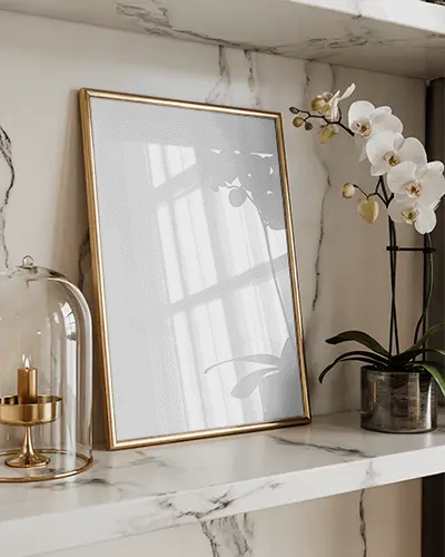 elegant-modern-photo-frame-mockup-on-marble-shelf-with-orchid-and-candle-under-glass