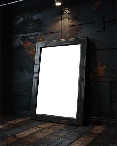 large-wooden-frame-mockup-on-textured-dark-wall-with-spotlight-and-rustic-floor