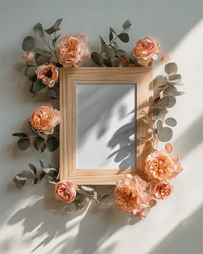 Wooden Frame Mockup With Floral Wreath For Home Decoration And Wall Art Display Design