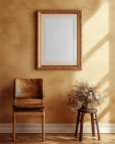 Vintage Elegant Wall Frame Mockup With Leather Chair And Dried Floral Arrangement Interior