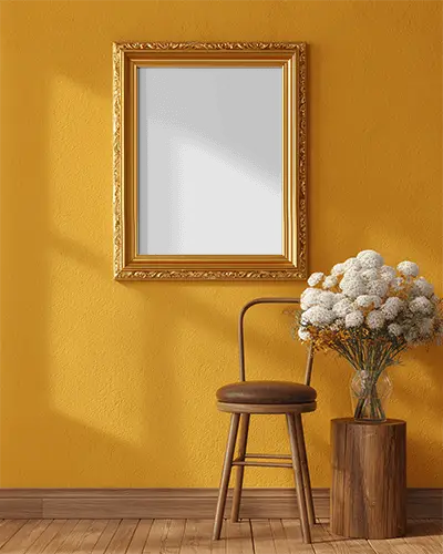 Elegant Ornate Wall Frame Mockup With Vintage Chair And Floral Decor For Home Decor Ideas