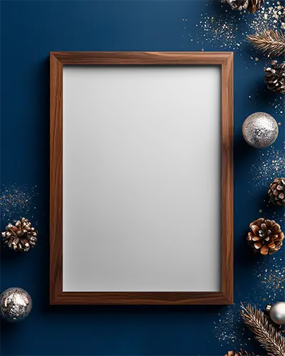 wooden-frame-mockup-on-festive-background-with-pine-cones-and-baubles-for-display