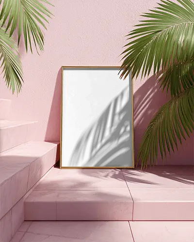 Modern Minimalist Frame Mockup With Palm Leaf Shadow And Pink Textured Background Design