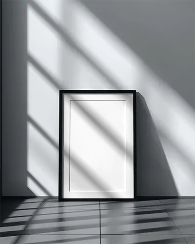 Blank Photo Frame Mockup On Floor With Abstract Shadow Play And Tiled Background