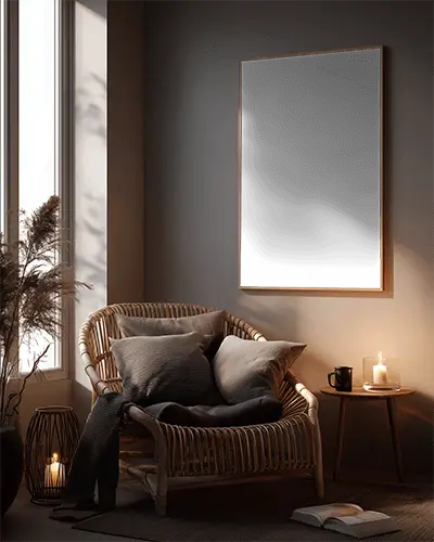 Elegant Wall Frame Mockup Above Rattan Lounge Chair With Pillows And Soft Lighting