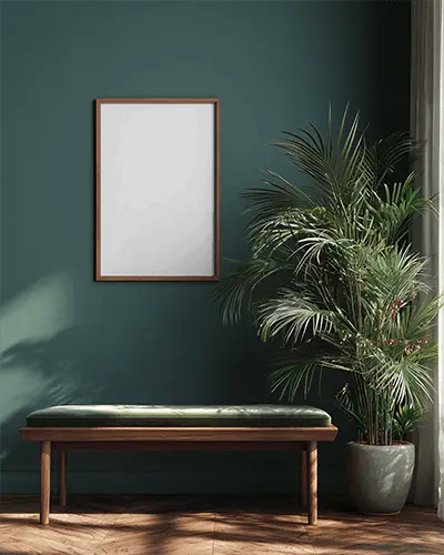 Modern Wooden Bench With Frame Mockup Wall Art And Large Indoor Plant In Minimalist Living Space
