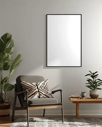 Modern Living Room Frame Mockup With Plant Chair And Minimalist Wooden Table Interior Decor