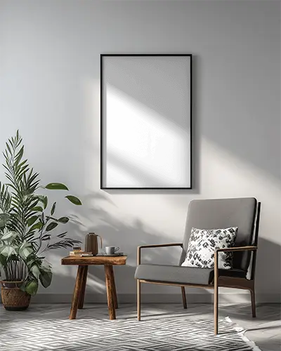 Minimalistic Frame Mockup Sunlit Modern Living Room With Blank Picture And Comfortable Chair